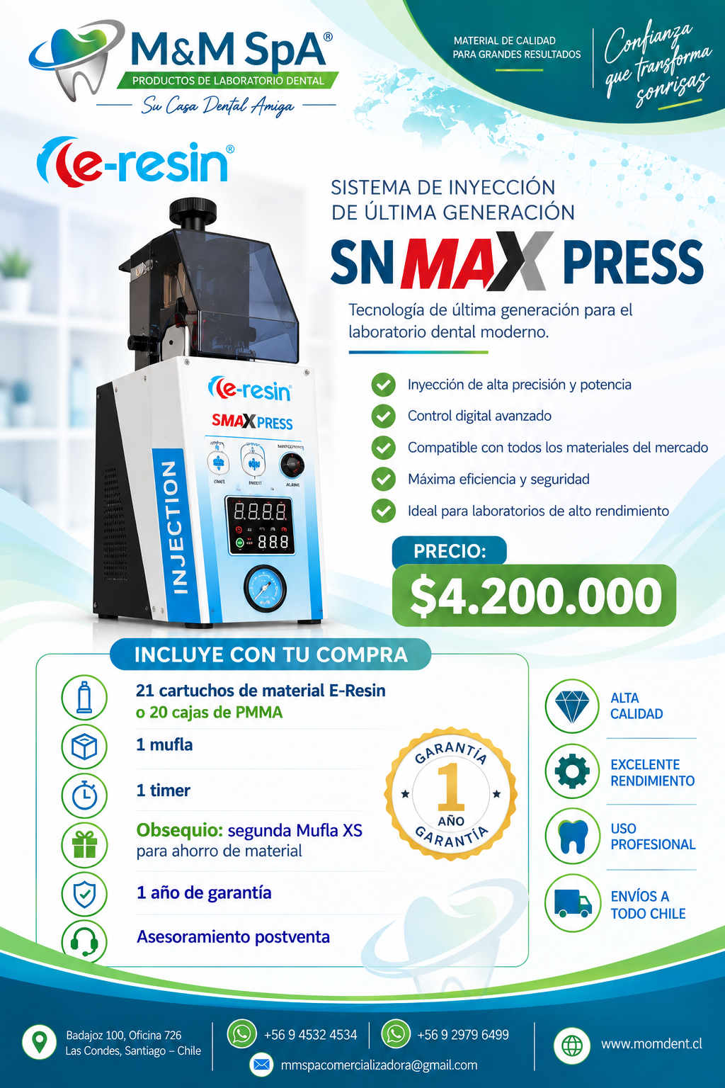 Sistema de inyección E-Resin SN Max Press, imagen promocional M&M SpA, precio $4.200.000