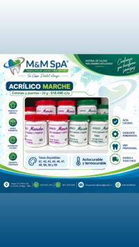 Acrílico Marche para coronas y puentes, 20 g. Autocurable y termocurable; varios tonos. $18.490