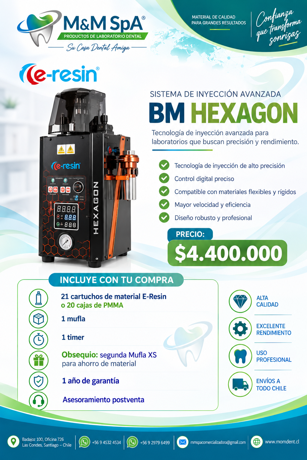 Sistema de inyección E-Resin BM Hexagon, imagen promocional M&M SpA, precio $4.400.000
