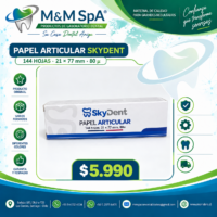 Papel articular SkyDent, 144 hojas, 21 × 77 mm, 80 micras. Precio $5.990